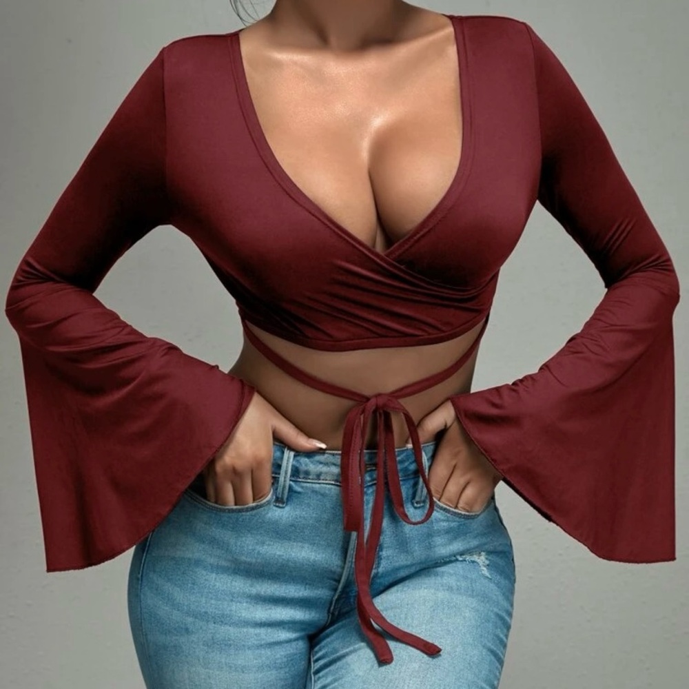 Burgundy Solid Tie Front Crop Blouse